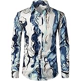 ZEROYAA Men's Hipster Printed Slim Fit Long Sleeve Button Up Satin Dress Shirts