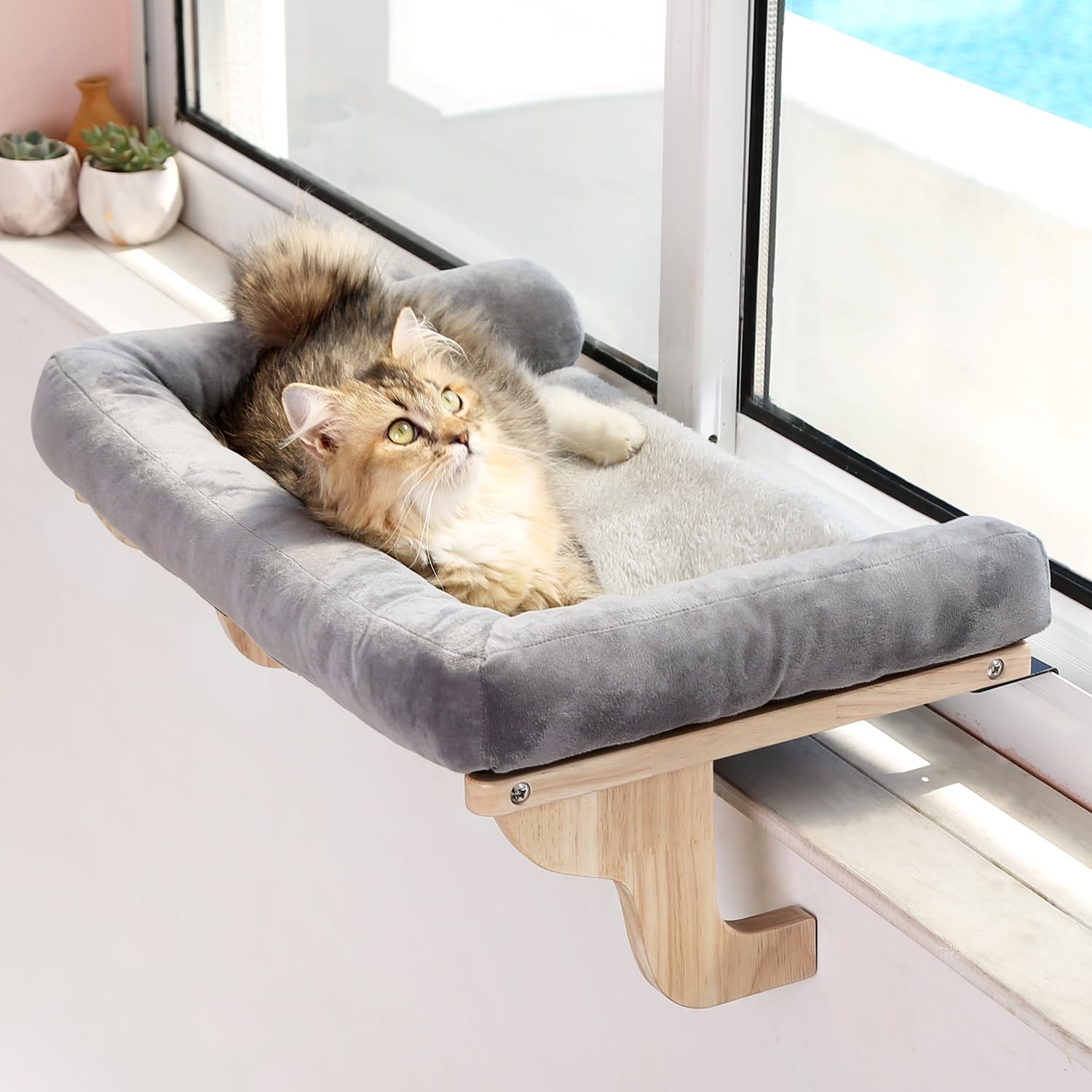 Photo 1 of Zakkart Cat Perch for Window Sill with Bolster - Orthopedic Hammock Design with Premium Hardwood & Robust Metal Frame - Cat Window Seat for Large Cats - Natural Color Wood Gray Bed, XLarge 26.4''W