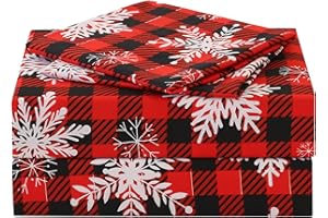 JSD Red Buffalo Plaid Snowflakes Sheet Set Queen Size, 4 Piece Christmas Winter Microfiber Bedding Sheets Extra Deep Pocket