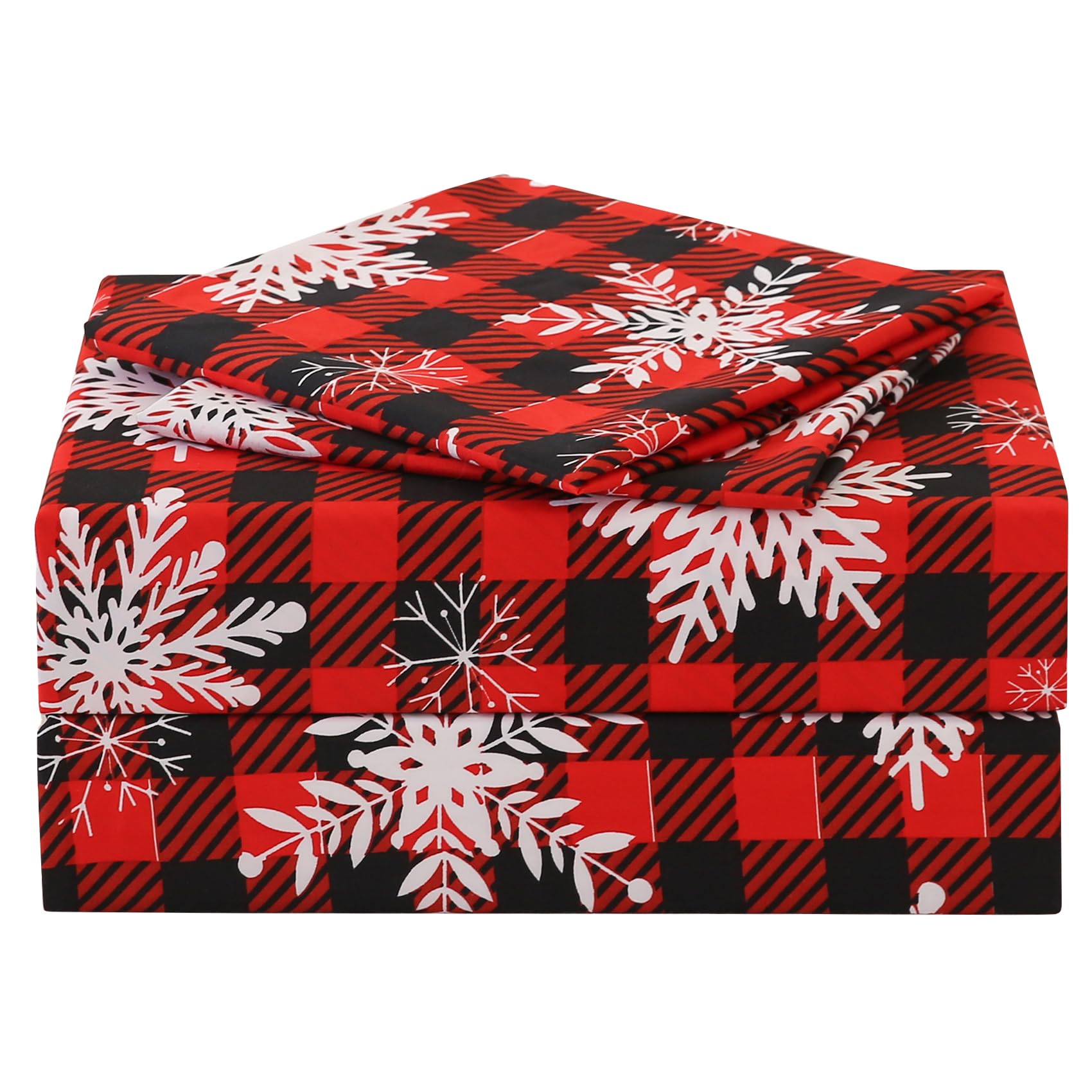 JSD Red Buffalo Plaid Snowflakes Christmas Sheet Set Cal King, 4 Piece Holiday Winter Microfiber Bedding Sheets Extra Deep Pocket Image