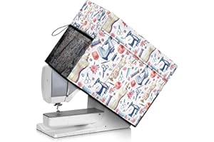 PJHEQOXE Sewing Themed Sewing Machine Cover with Storage Pockets,Dust & Pet Hair Protection,Fits Standard Singer, Brother and Janome Machines, Protecting & Decorating Your Sewing Space (White)