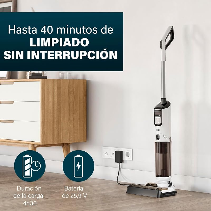 AquaMotion Plus Limpador de Piso, aspiradores 4 em 1, Esfregões & Seca, sem fios, autonomia de 50 minutos, Filtro HEPA, Autolimpeza, 170W, 75dB, ecrã inteligente, base de carregamento, Leve, 337010