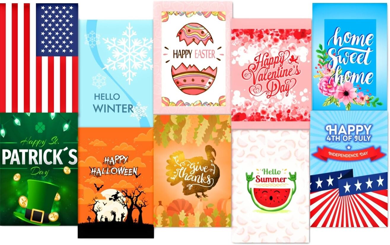Seasonal Garden Flag Set for Outdoors by Flagstone - Set of 10 Double Sided 12 inch x 18 inch Durable Weather Proof | UV Protected Yard Flags Perfect For All Year Holiday And Seasonal Decoration Use