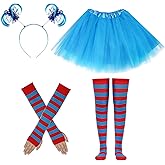 Dfqsofd 4Pcs Blue Tutu Costume Accessories Set, Blue Tulle Tutu Skirts Ponytail Headbands Stretchy Gloves and Striped Knee High Socks for Book Day Halloween 80s Cosplay Party