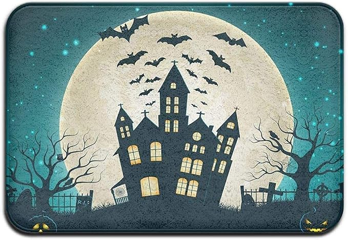 Halloween de dibujos animados con castillo, alfombra de entrada