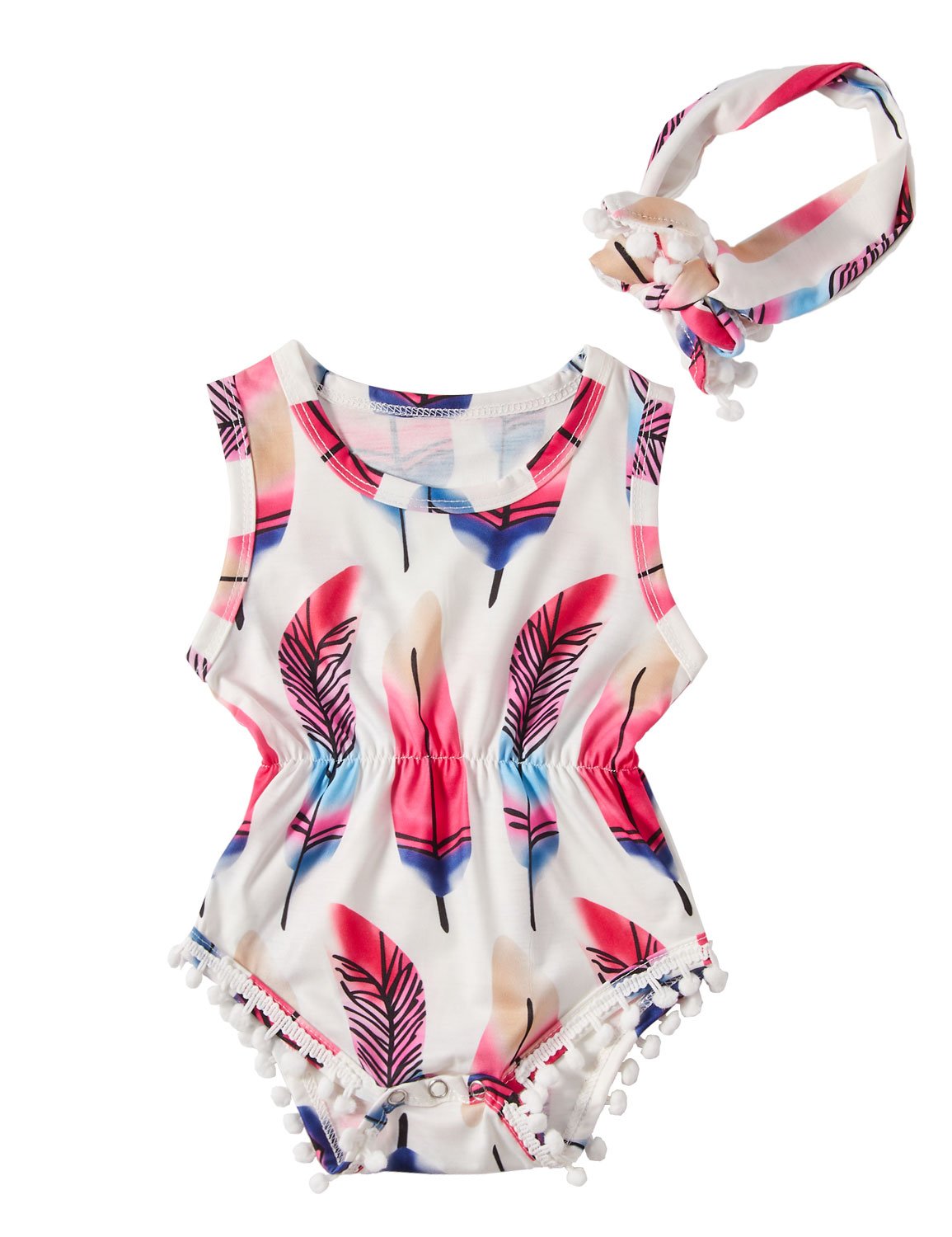 Chicolife Verano bebé Niñas Pompón Mameluco Pluma Imprimir Trajes Monos Monos Recién Nacidos para 12-18 Meses