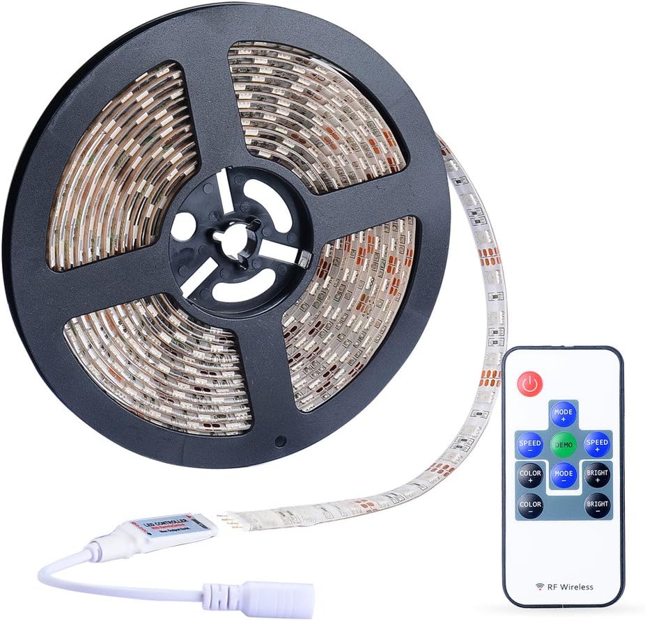 NICEYOU 16.4'' 5M Waterproof 12V SMD 5050 RGB UL Listed LED Strip Lights with RF Remote NO Power Supply for Home Under Counter Cabinet Mirror TV Theater Car Bike Festival Ambient Lighting Decoration