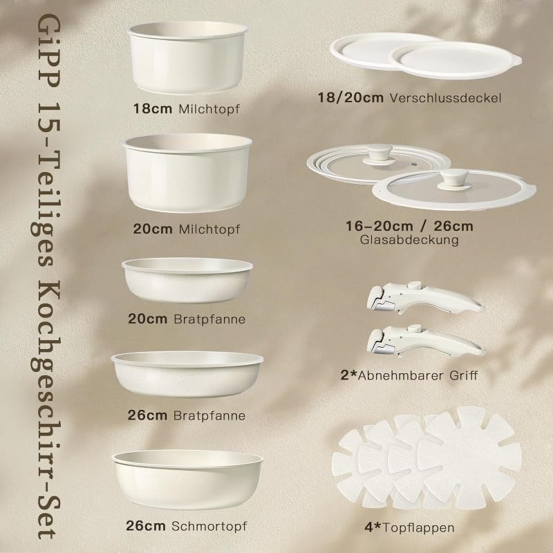 Granit Topfsets Pfannenset 15 Teiliges,Kochtöpfe Set Antihaft Kochgeschirr mit Abnehmbarem Griff,Für alle Herdarten geeignet,Spülmaschinenfest,Ofenfest(Weiß,15PCS)