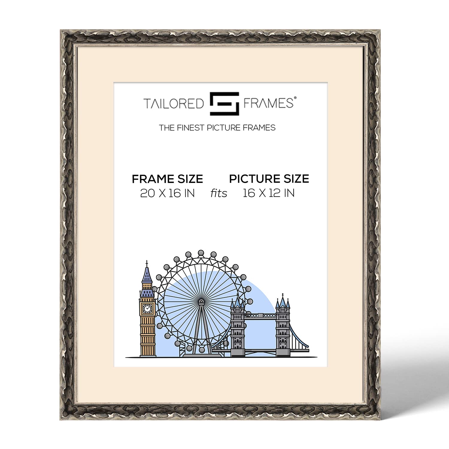 Tailored Frames Vienna Silver 20" X 16" Frame for 16" X 12" Picture | Rustic Style Vintage Single Picture Frame | Wall Hanging Type | Photo Frame with Antique Mount