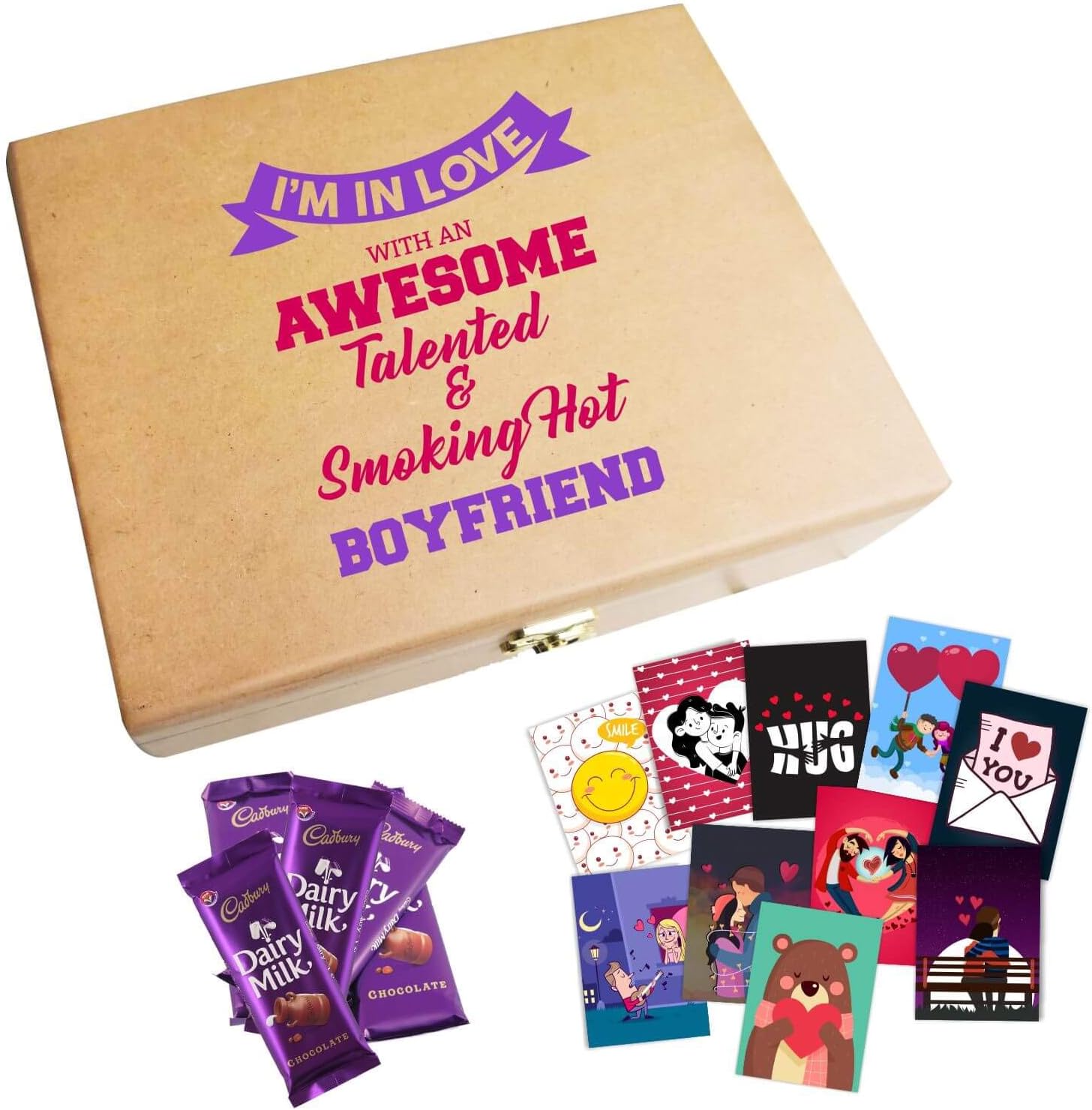 YaYa Cafe™ Valentine Gifts for Boyfriend Chocolate Gift Hampers I'm in Love Awesome Talented & Smoking Hot Boyfriend Printed Gift Box - Cadbury Chocolates - Jumbo with 10 Greeting Card