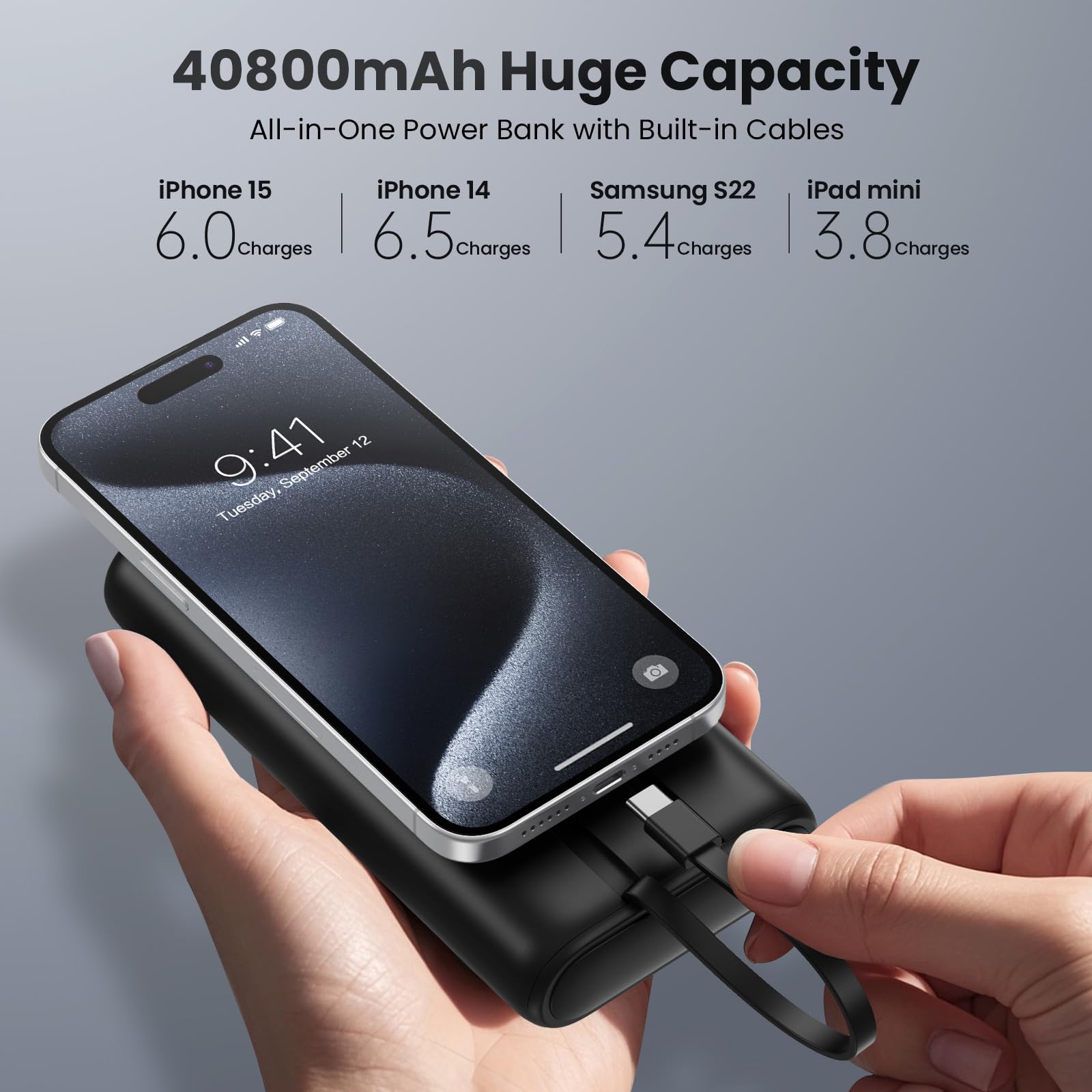 Ekrist Upgraded Portable Charger 40800mAh Power Bank - Portable Battery with 2 Built in Cables,PD 25W USB C Fast Charging Battery Pack Compatible with iPhone 16 15 14 13 Android Phone etc-Black