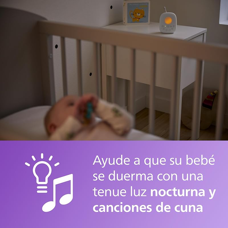 Philips Avent vigilabebés con Audio DECT con luz Nocturna y Canciones de Cuna, intercomunicador bidireccional, 330 m de Alcance y 18 h de Uso, conexión Segura, Sensor de Temperatura, SCD713/26