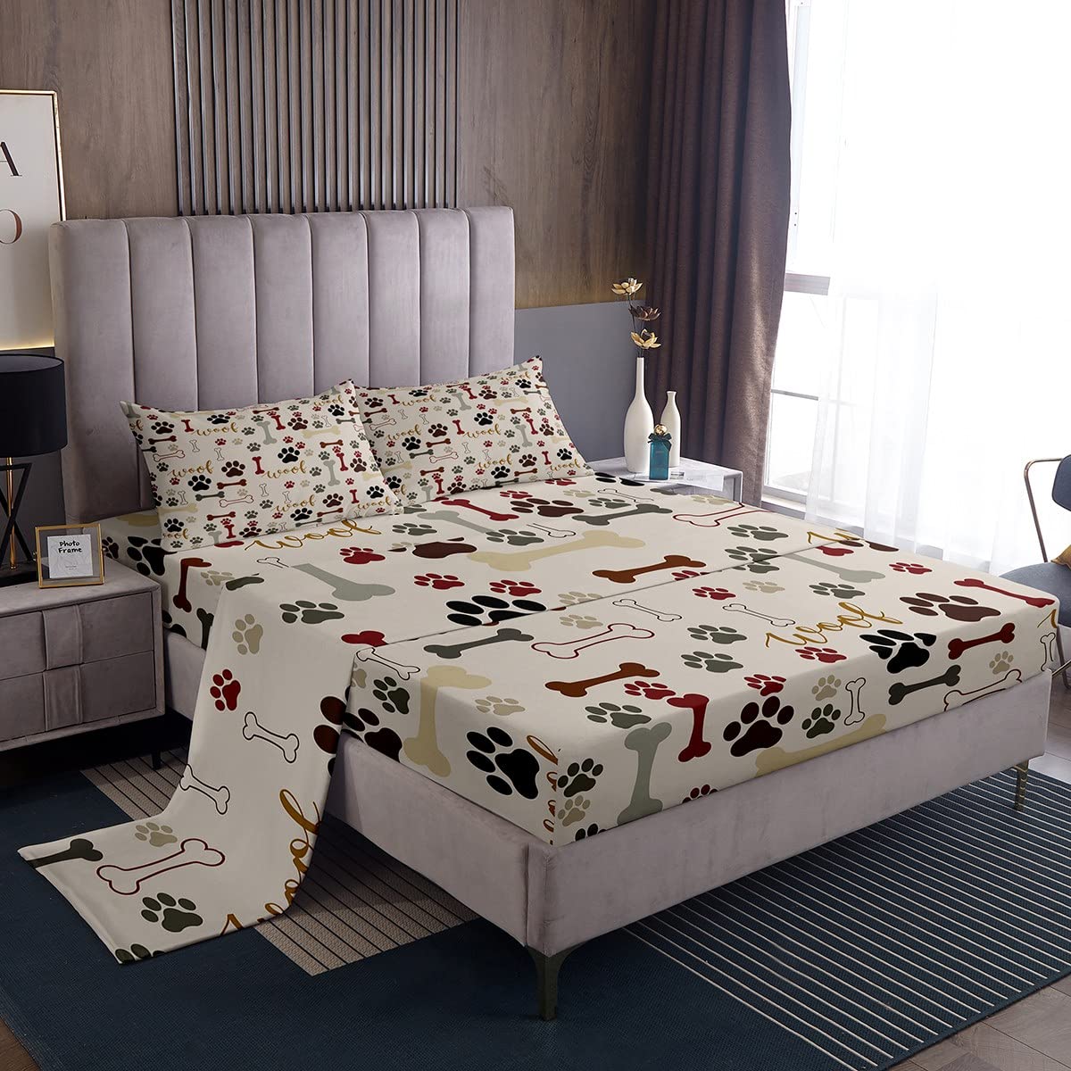 Photo 1 of Homewish Dog Paw Print Sheet Set Queen,Bone Pattern Bedding Set for Kids Teens Girls Boys,Pet Animal Cartoon Bed Sheet Set 4pcs with Deep Pocket Fitted Sheet + Flat Sheet + 2 Pillowcases