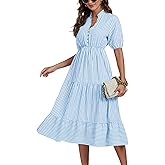 LYANER Women's Casual Striped Print V Neck Puff Short Sleeve Ruffle Hem Midi Dress Light Blue Small