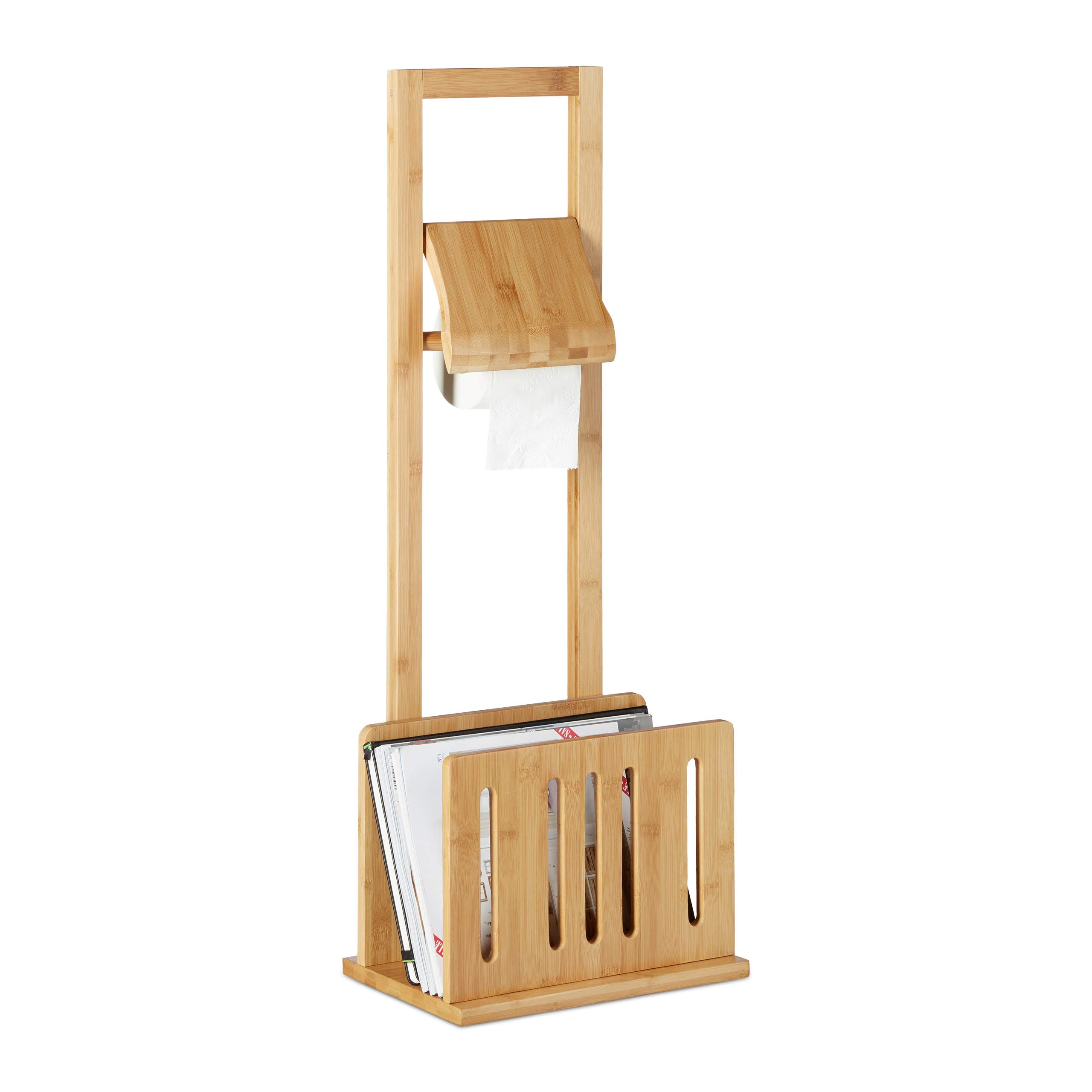 Relaxdays Toilet Paper Holder with Magazine Rack, Bamboo, Toilet Roll Stand, Newspaper Storage, HxWxD: 81.5 x 30.5 x 21 cm, Natural Brown