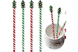 FOXWAKE Christmas Tree Glass Stir Sticks - 6.88" Cute Swizzle Stick for Coffee & Cocktails - Festive Red, Green& White Striped Design - Holiday Party Drink Mixers Essentials (4-Pack)