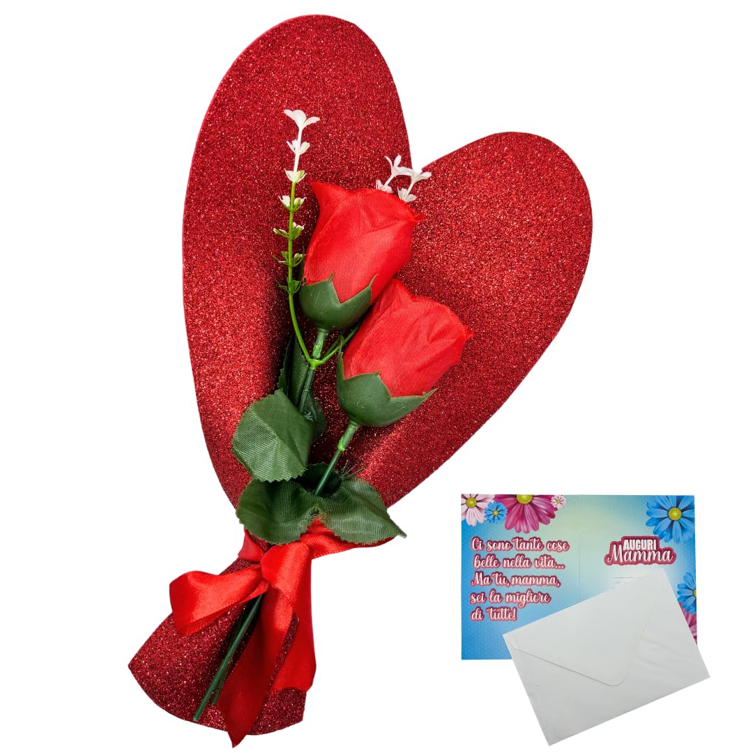 Mother's Day Bouquet in Red Glitter Heart Handmade Greeting Card Personalised Gift Box