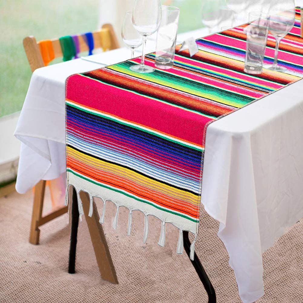 Fowecelt Mexican Serape Table Runner 14 x 84 Inch for Mexican Party Wedding Decorations Outdoor Picnics Dining Table, Fringe Cotton Handwoven Table Runners