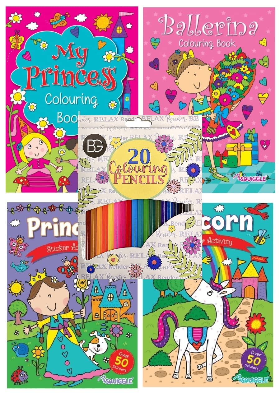 BG Girls Colouring & Activity Gift Set Princess Ballerina Unicorn - 4 Books & 20 Colouring Pencils