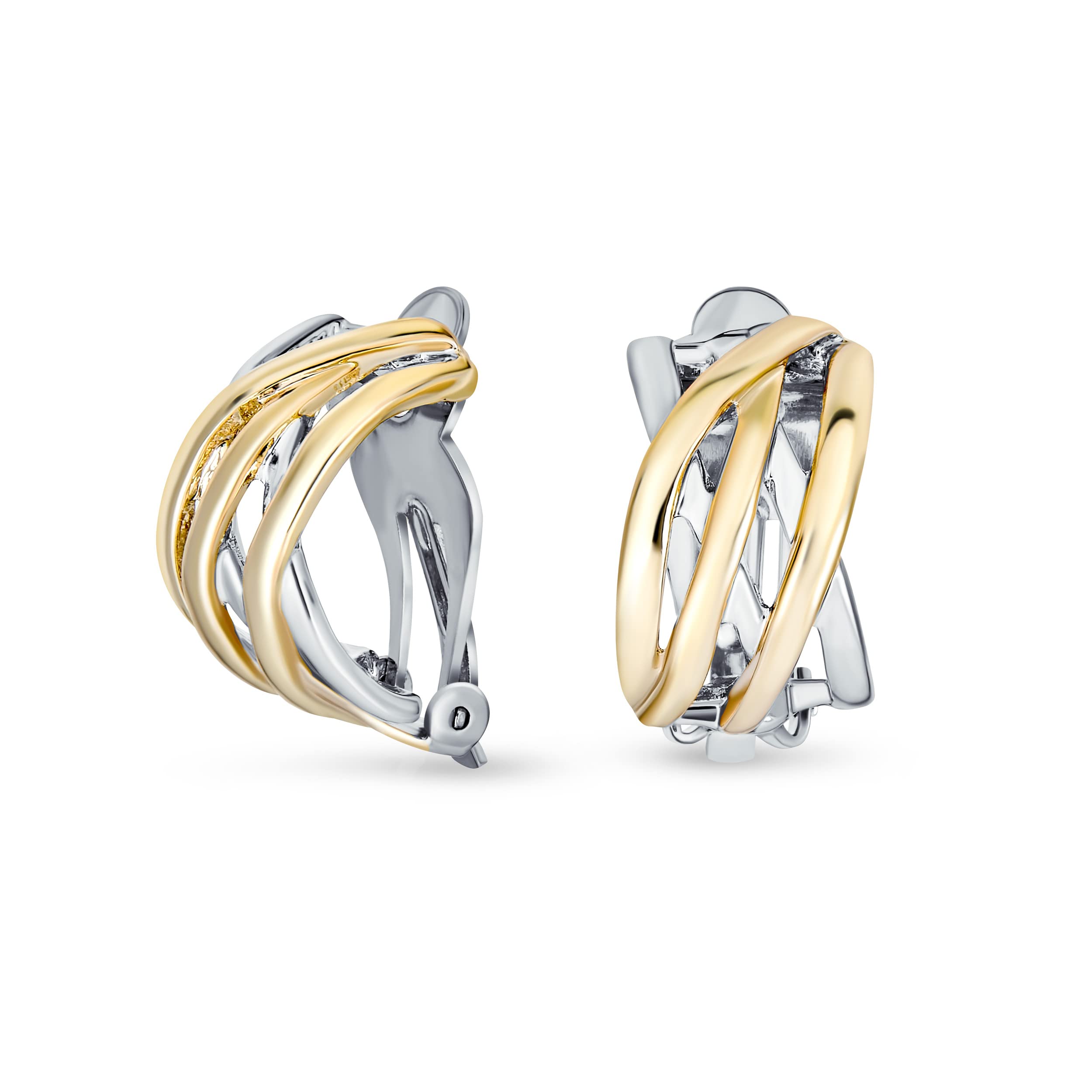Classic Open Criss Cross Twist Wire Two Tone Celtic Knot Weave Wide Half Hoop Clip On Earrings for Women Non Pierced Ears Gold Silver Plated — image 1