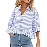 CHYRII Womens Summer Tops Dressy Casual Blouse Top Ruffled Short Sleeve Button Down Striped Shirt