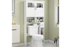 Vabches Freestanding Toilet Storage Cabinet with Double Doors, Shelf Space Saver, Anti-Tip Design & Adjustable Shelf, White