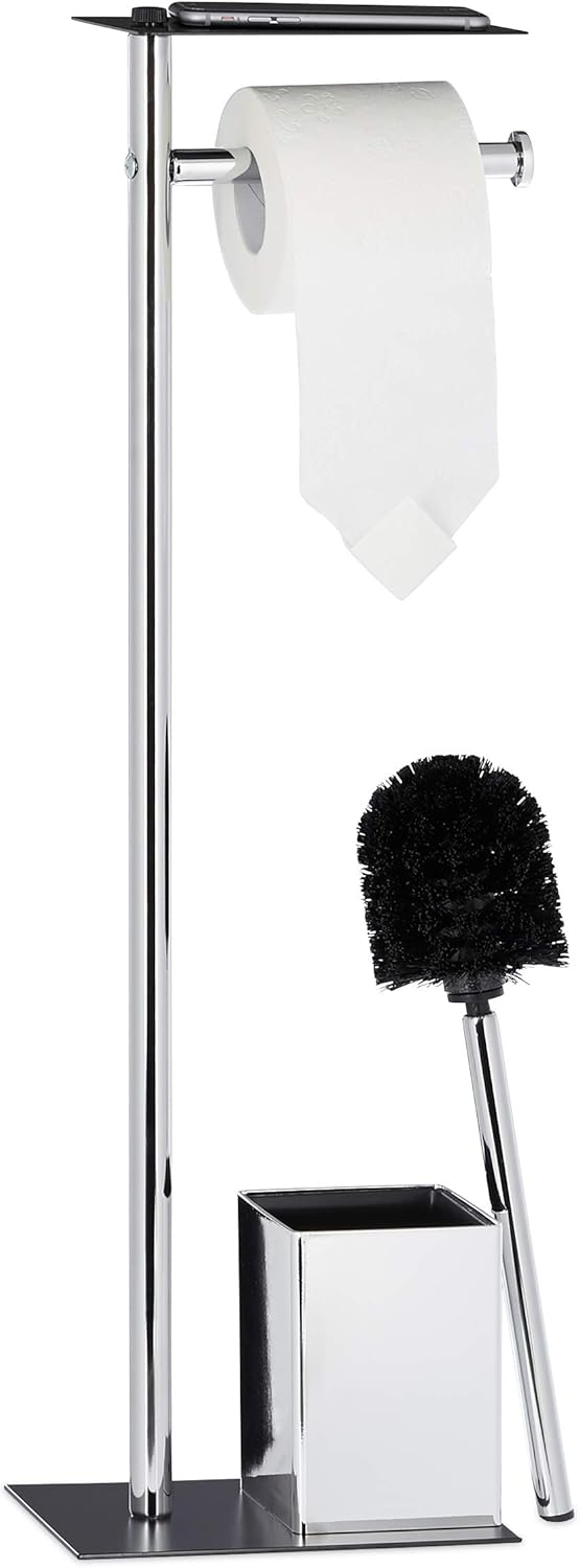 Relaxdays Toilet Butler with Paper Holder, Toilet Brush with Container, H x W x D 66 x 20 x 13 cm, Black-Silver