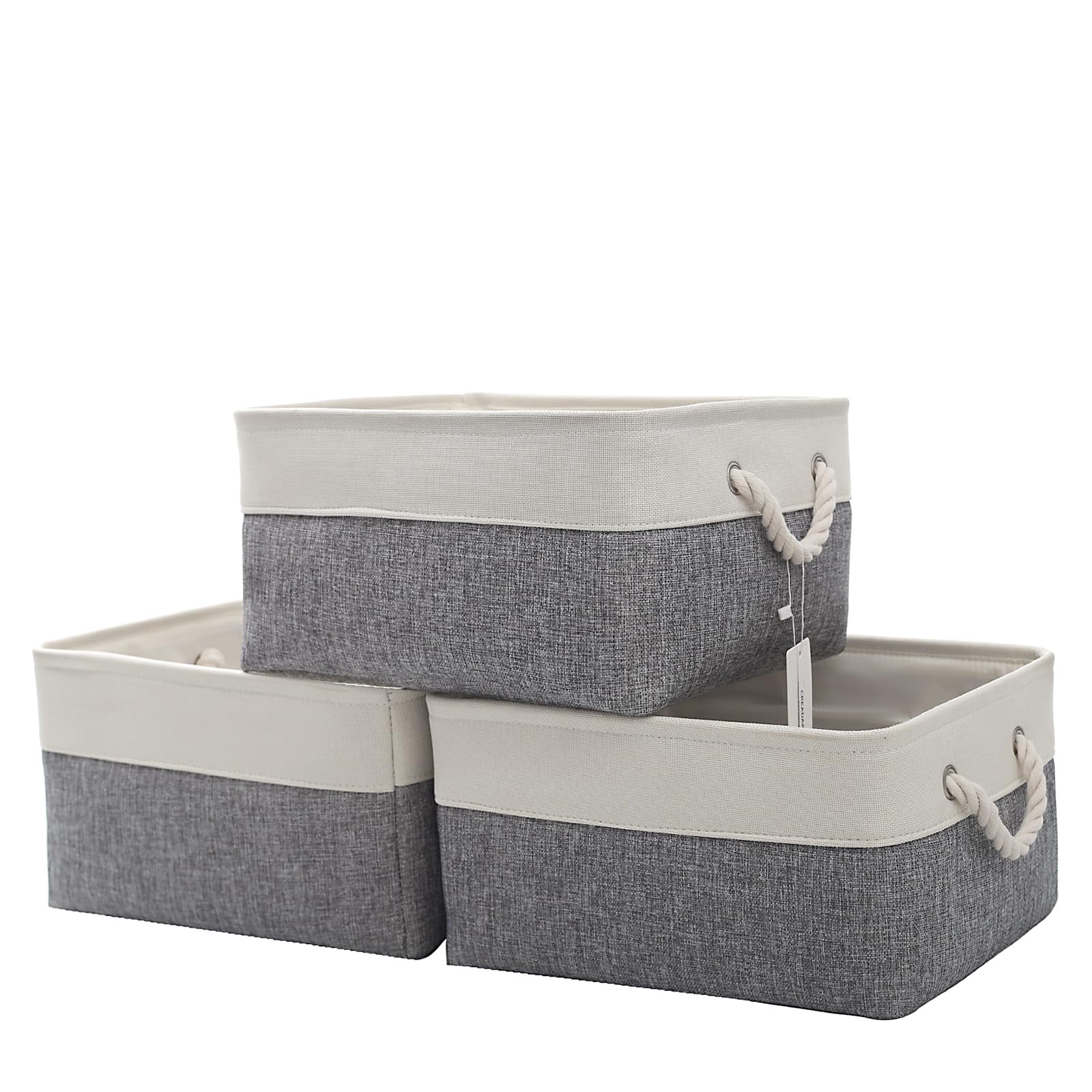 CREADARD Small Storage Box with Cotton Handles, Fabric Foldable Linen Canvas Wardrobe Storage Baskets for Living Room, Laundry Room, Kids Room and Bedroom (GreyWhite 3pcs)