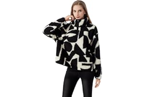 HYGLuosie Fashion Women's Sherpa Pullover, Fleece Stand Collar Jacket with Animal Geometric Print, Cozy Winter Outerwear