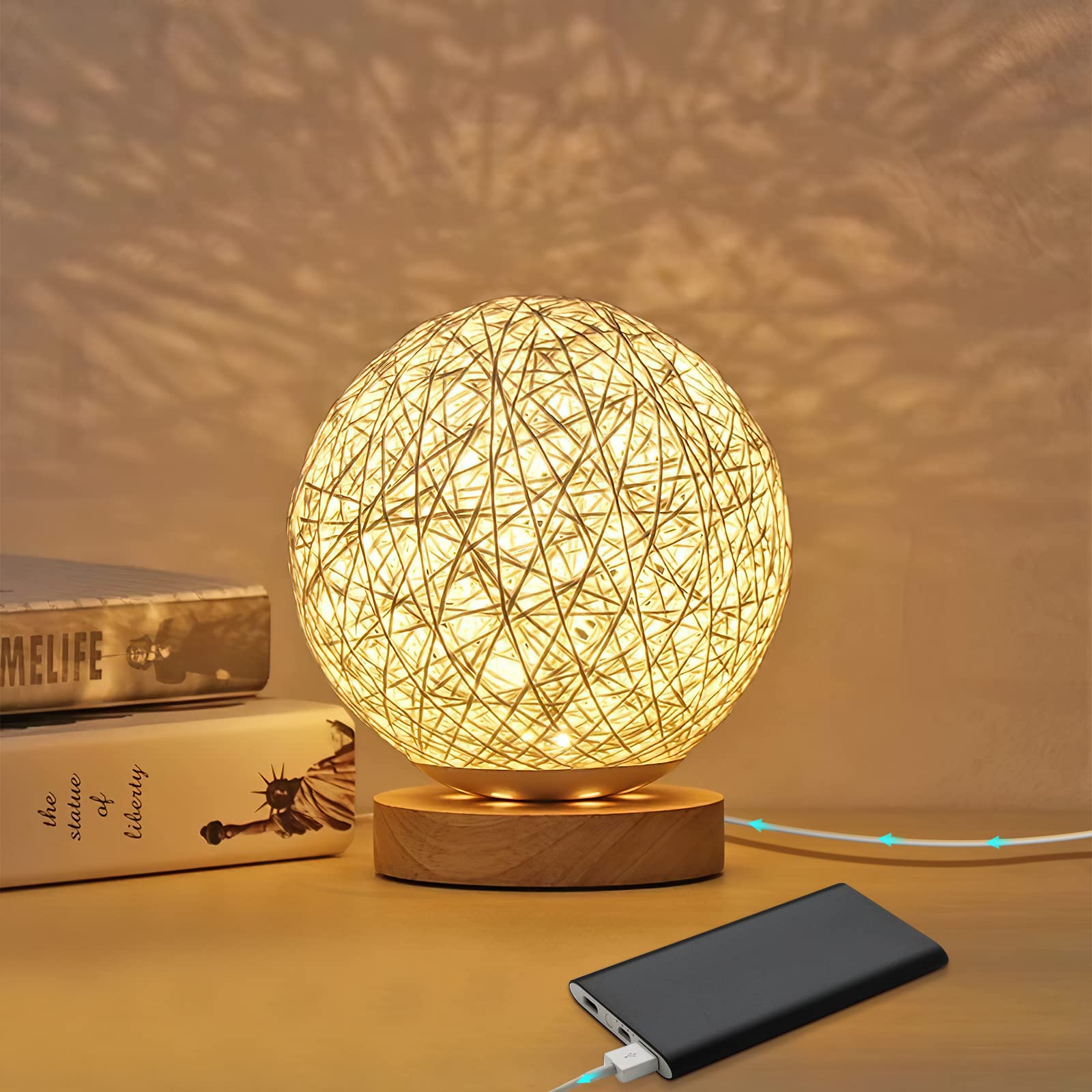 DEECOZY LED Night Light, USB Rechargeable Creative Led Night Light Lamp with Hand-Knit Lampshade Wood for Kids Women Lover Birthday Gifts
