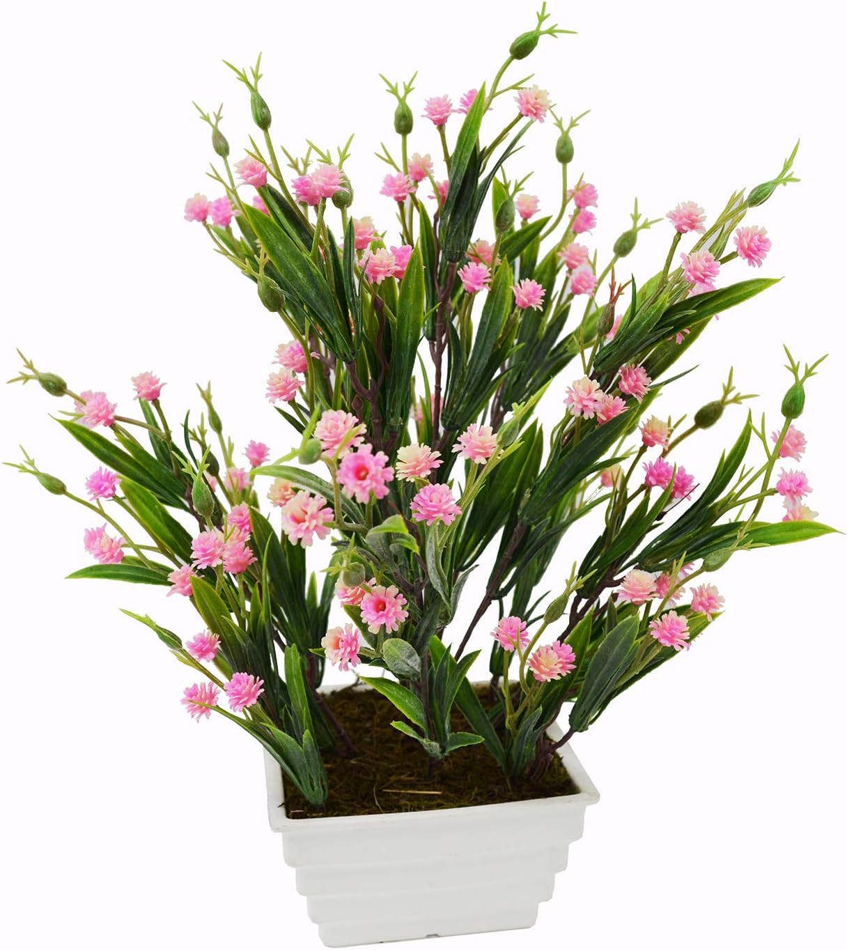 Fancy Mart Artificial Mini Carnation Grass Flower Plant in Square Pot (12 Inch, Pink)