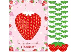 Faccito Strawberry Game Set Pin The Stem On The Strawberry Include Large Poster Blindfold 24 Stickers Berry First Birthday Party Games for Sweet Berry Birthday Party Decorations Activities Supplies
