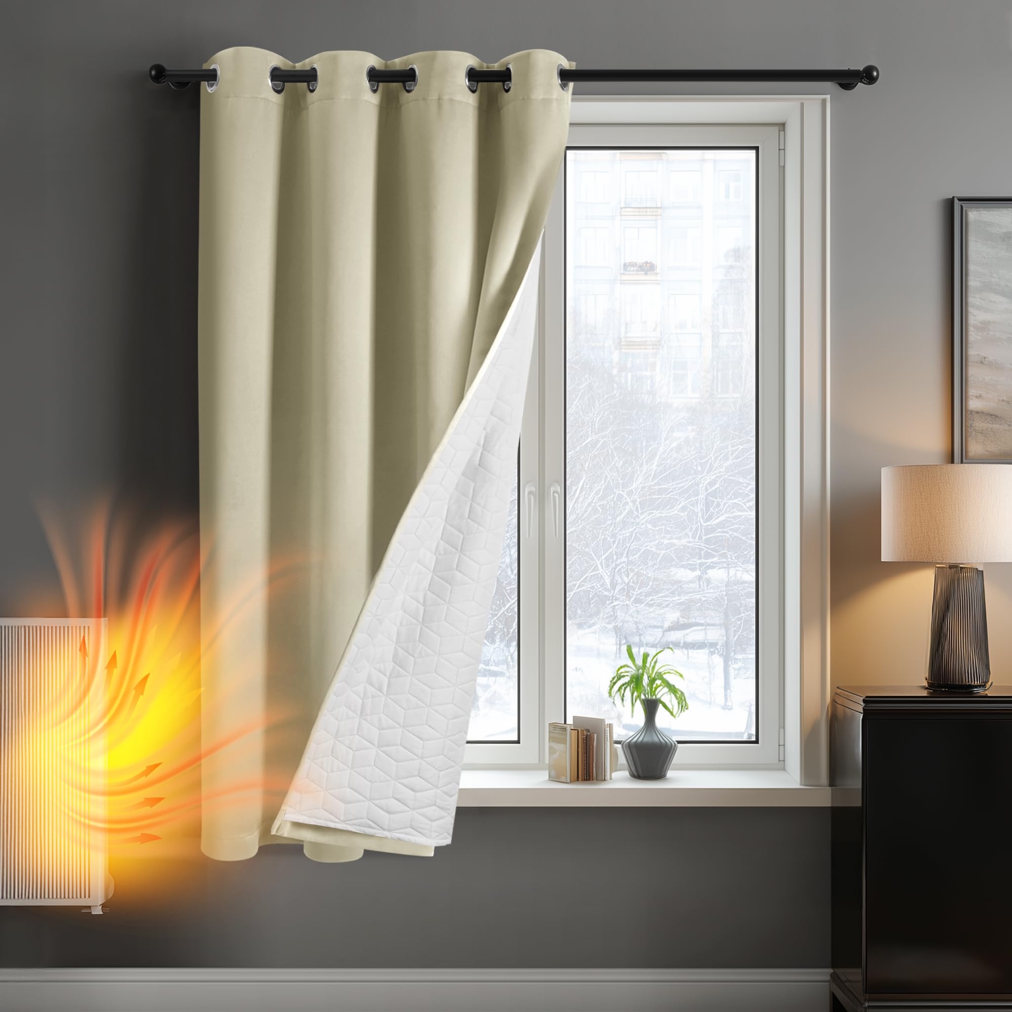 Deconovo Thermal Curtain Eyelet, Blackout Curtain with Extra Thick Microfiber Lining, Sunlight Blocking Noise Protection Curtain for Kitchen/Small Window, 52 x 63 Inch(Width x Length), Beige, 1 Panel