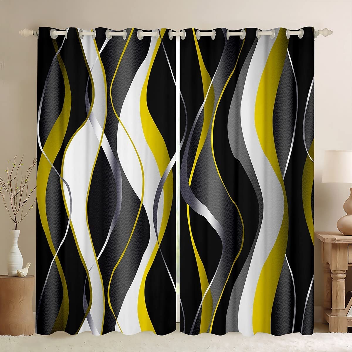 Loussiesd Yellow Grey Black Curtains Geometric Spiral Pattern Window Drapes for Boys Girls Modern Luxury Blackout Curtain Abstract Art Window Treatments W52*L90 — image 1