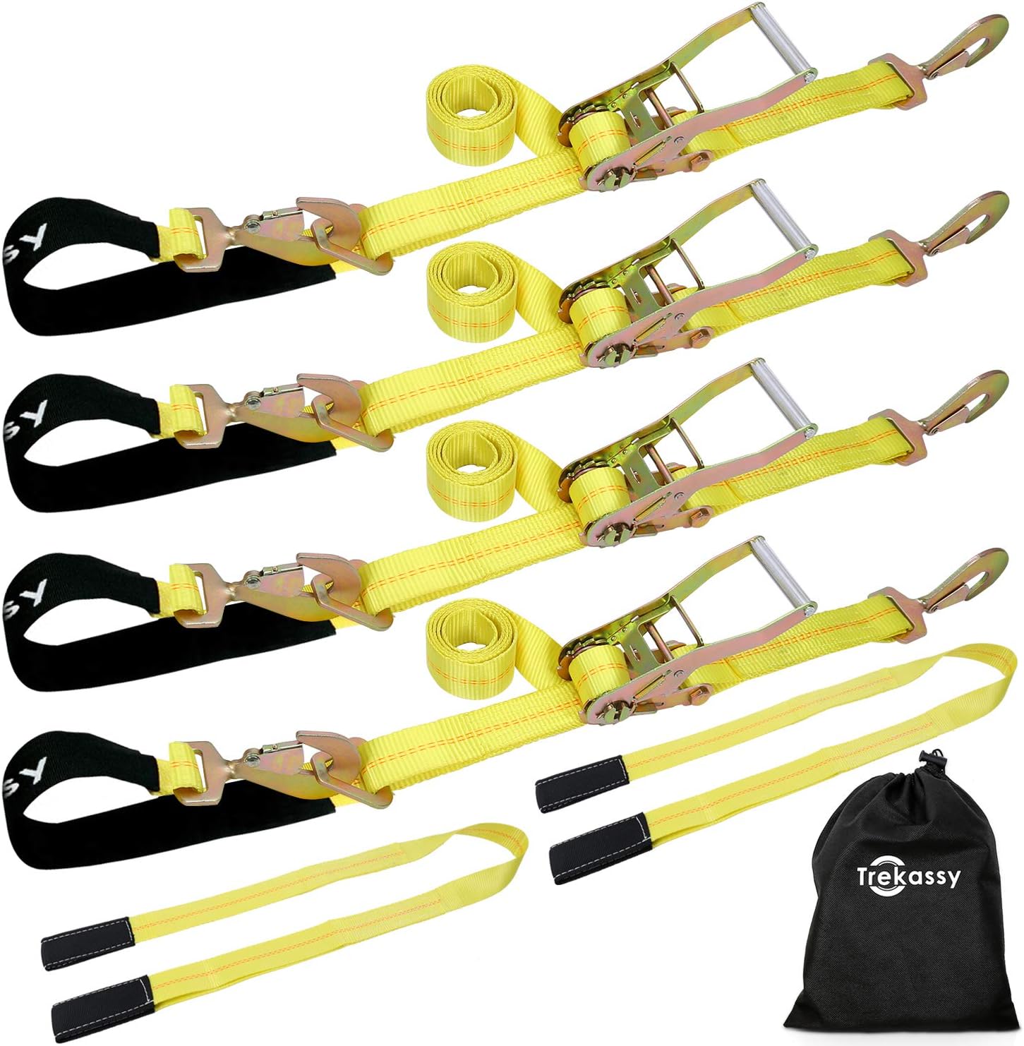 Trekassy 4 Pack Car Axle Straps Ratchet Tie Downs System with Snap Hooks, 2 Free Lift Sling Straps and 1 Carrying Bag
