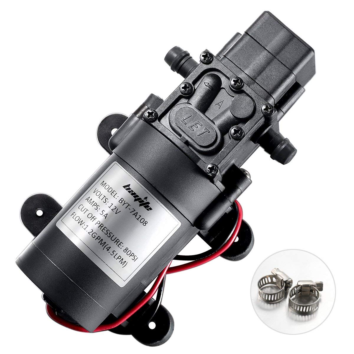 bayite 12V DC Fresh Water Pump with 2 Hose Clamps 12 Volt Diaphragm Pump Self Priming Sprayer Pump with Pressure Switch 4.5 L/Min 1.2 GPM 80 PSI Adjustable for RV Camper Marine Boat Lawn (Renewed)