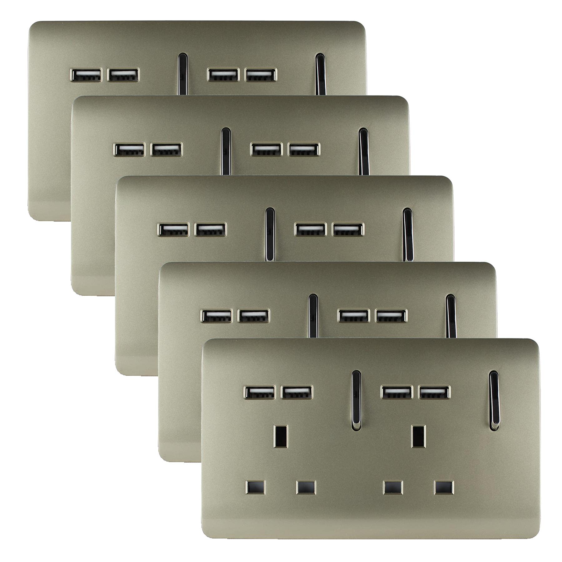 Trendi 2 Gang Artistic Modern Glossy 13 Amp Short USB Switched Plug Socket Gold (5 Pack)