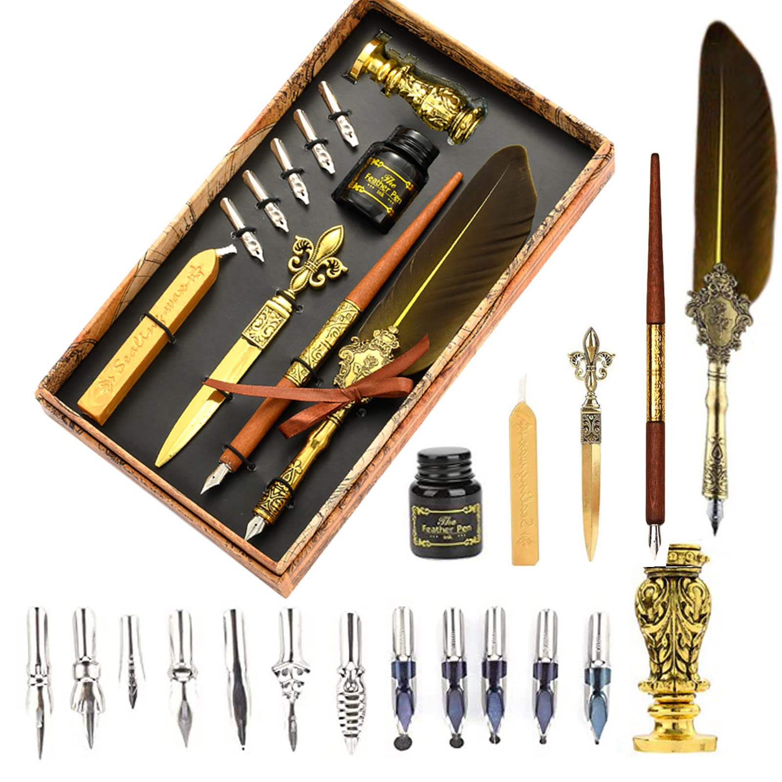 Joyeee Real Feather Quill Pen and Ink Set, Include Sealing Wax Stamp Kit for Wedding, Wooden Calligraphy Dip Pens, 17 Replacement Nibs, Wax Seal Stick for Stamp Seals, Dark Yellow