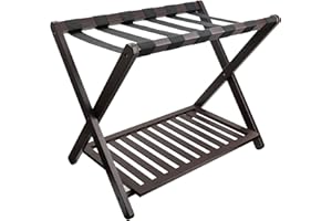 Purbambo Bamboo Luggage Rack for Guest Room, Heavy Duty Folding Suitcase Stand with Storage Shelf for Home Bedroom Hotel - Brown