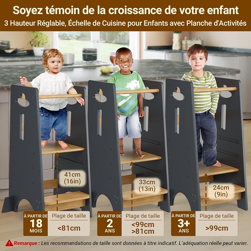 Tour d'apprentissage pour Enfants - Tour d'apprentissage en Bois pour bébés de 1 à 6 Ans - Hauteur réglable sur 3 Niveaux - 80 cm - Gris Classique et Naturel