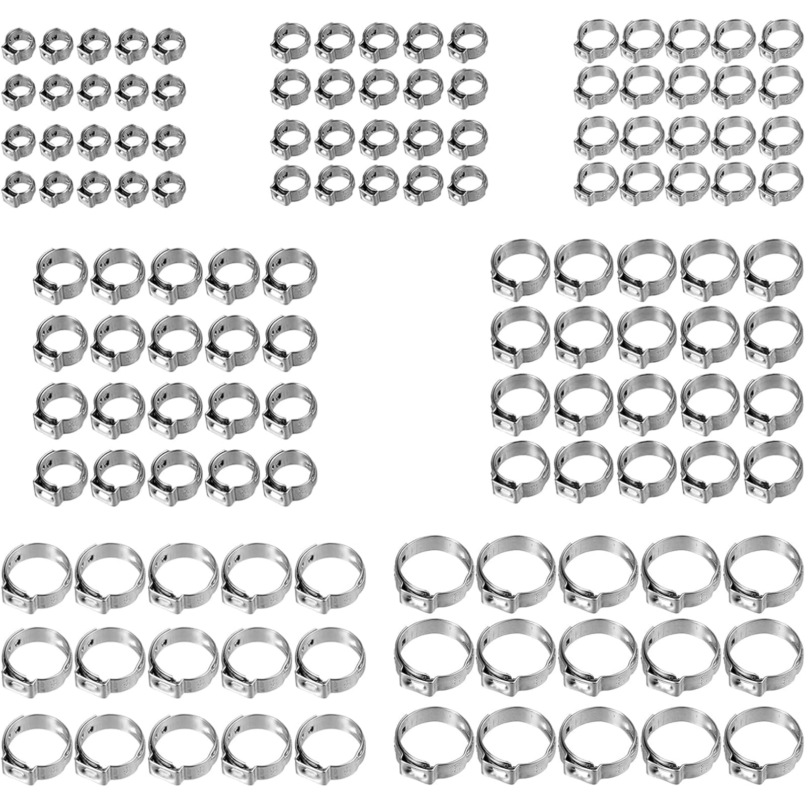 Bohaner Hose Clamps 6-21 mm Single Ear 130pcs 304 Stainless Steel Assortment