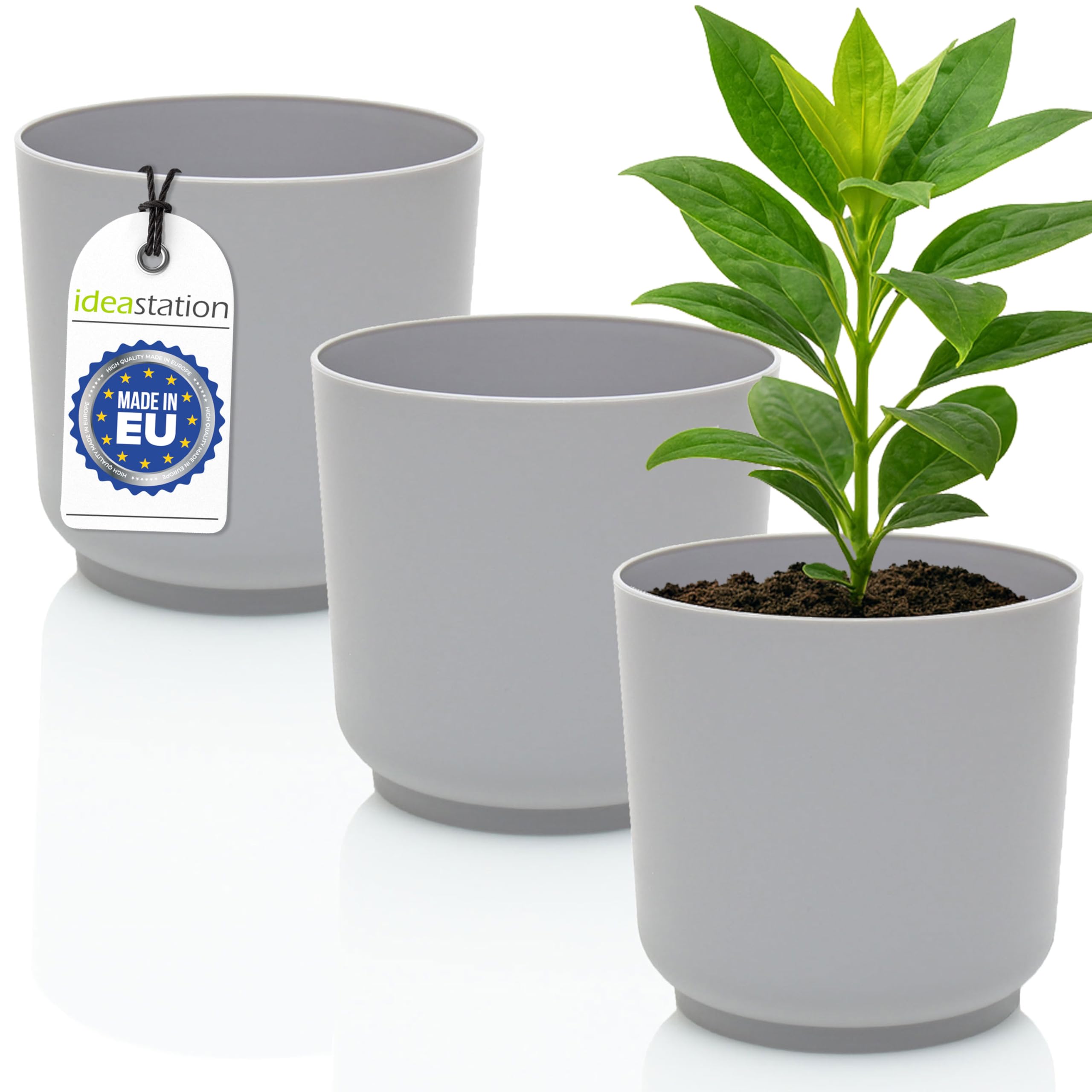 idea-station SATI Plastic Plant Pot Set 3 x 15 cm - gray - Shatterproof and round Plant Pots - Suitable for Variety of Plants - Timeless Modern Design - Available in 2 Sizes