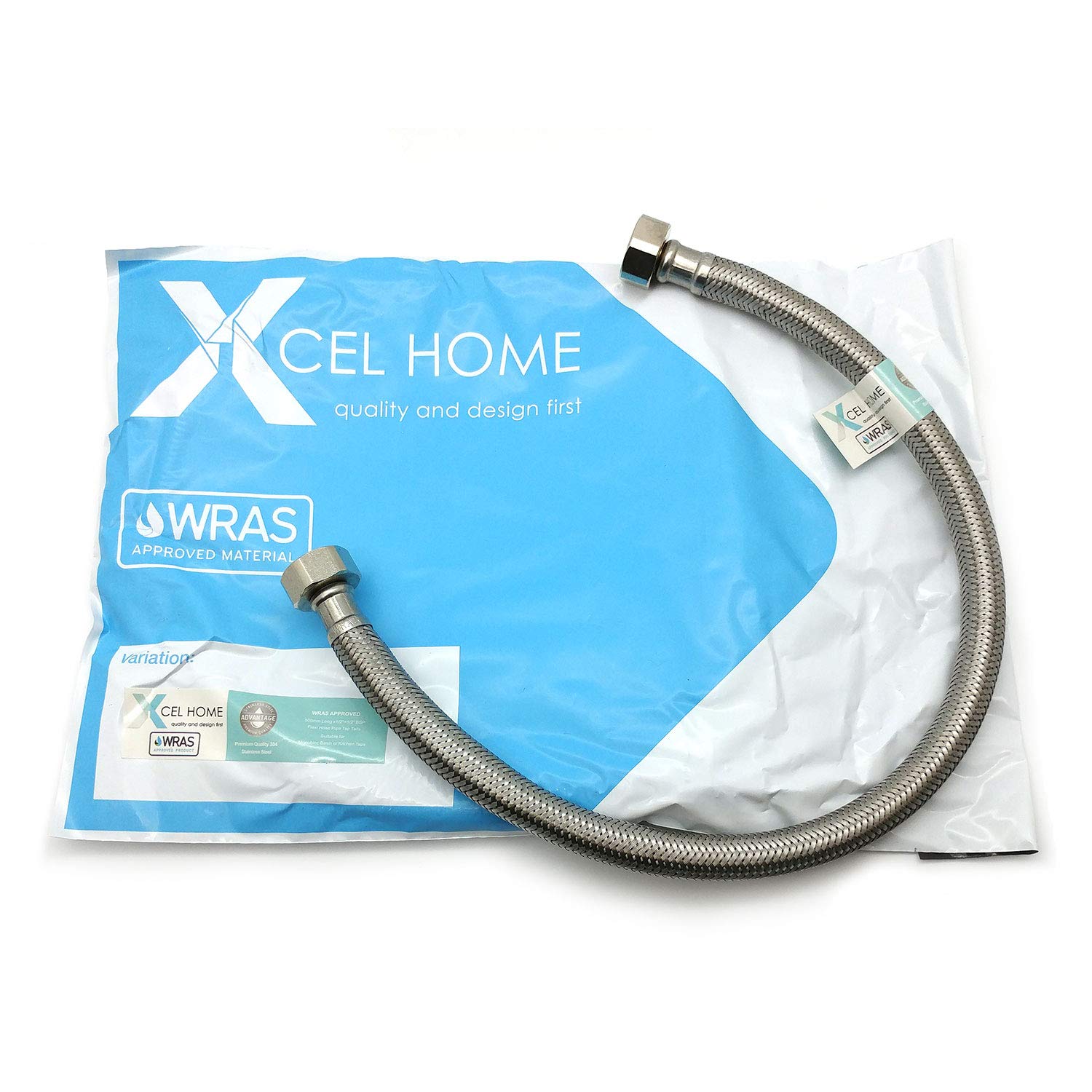 Xcel Home 500mm 1/2" x 1/2" BSP Stainless Steel Braided Flexible Pipe Connector | WRAS Approved Flexi Tails for Monobloc Mixer Kitchen Sink & Bathroom Basin Taps | Leakproof Plumbing Solution