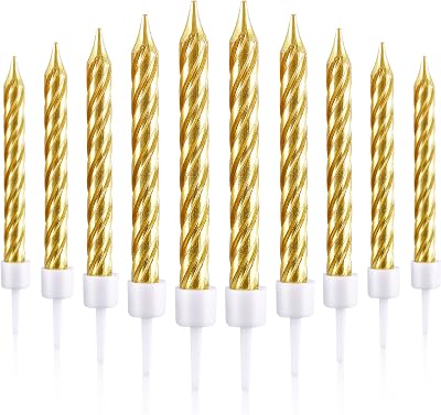 Blulu 50 Pieces Spiral Metallic Birthday Candles with Holders Gold