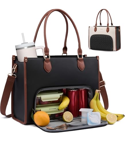 Borsa 2 In 1 Con Vano Pranzo Isolato, In Ecopelle E Tessuto Oxford, Per Lavoro, Ufficio, Computer Portatile, Beige - 4