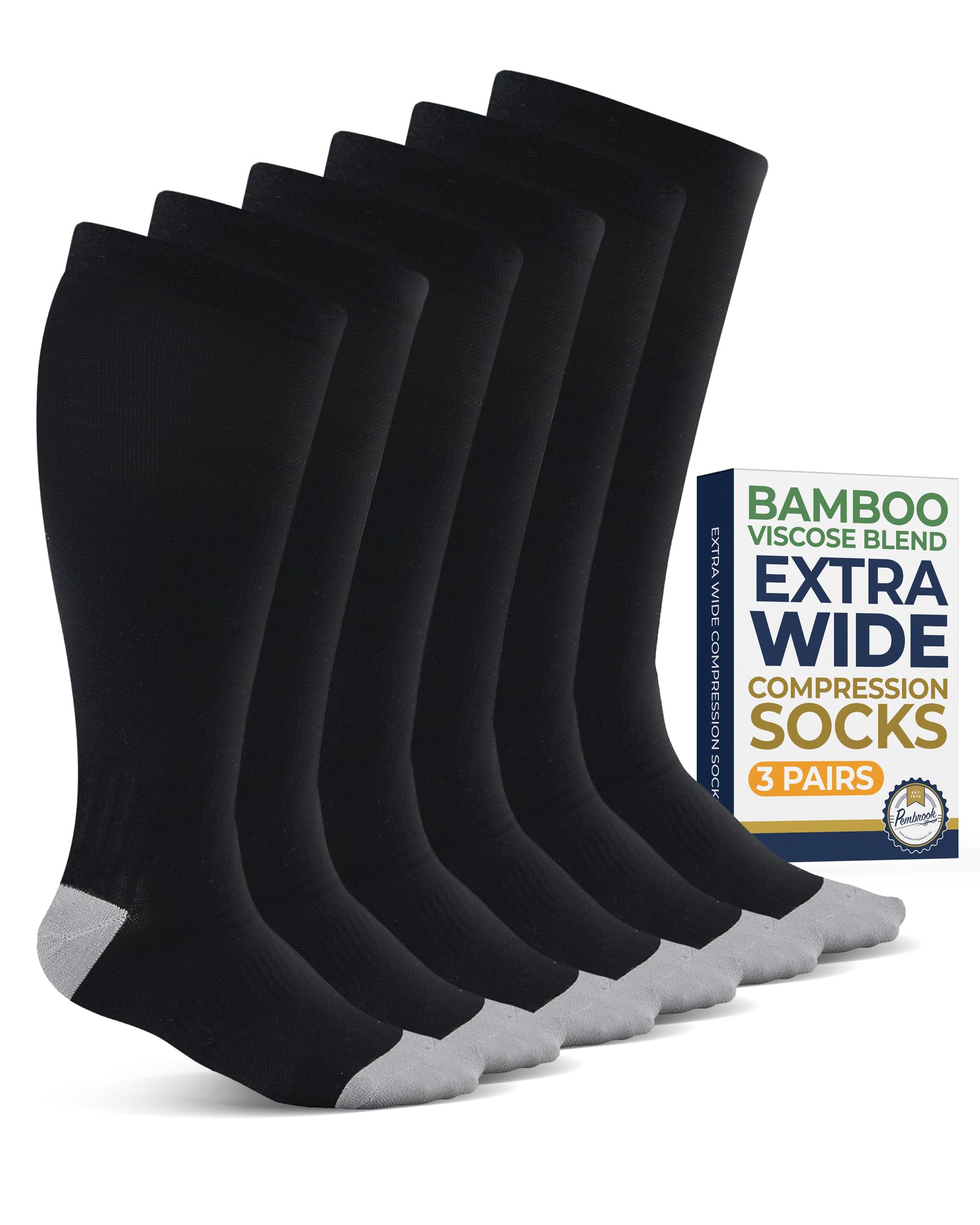 Photo 1 of Pembrook 3 Pairs Plus Size Compression Socks Wide Calf - 15-20 mmHg Bamboo Viscose Compression Socks Men Wide Calf, Extra Wide Calf Socks for Women & Men, Knee High, Black