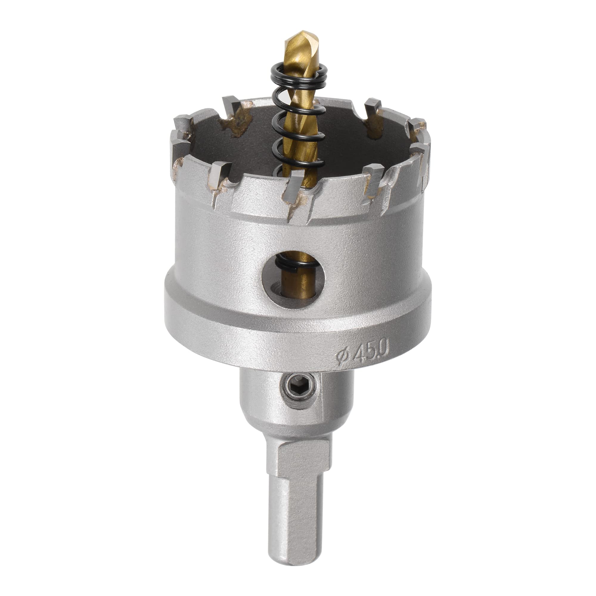 sourcing map 45mm Carbide Hole Cutter, Hole Saws for Stainless Steel Sheet Metal, Non-slip Triangular Shank Limit Step, with Titanium Coated Center Drill
