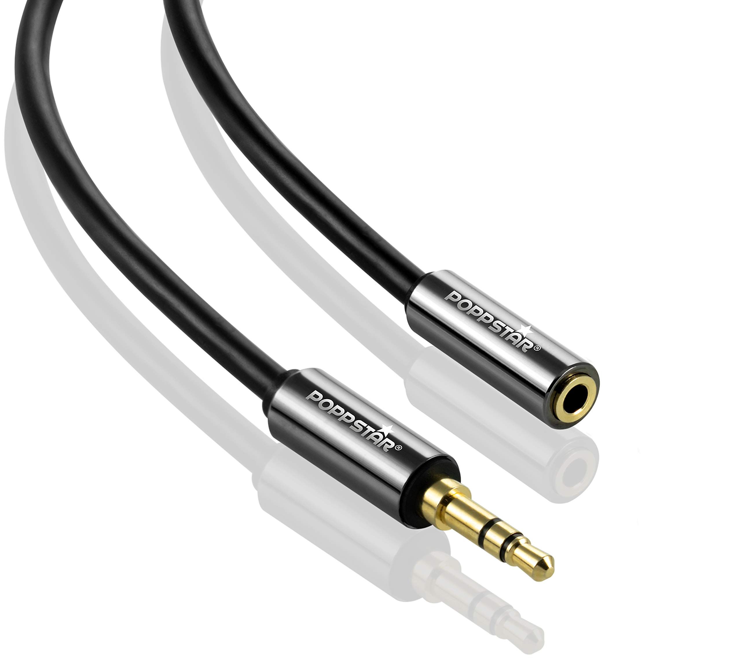 POPPSTAR 1m AUX 3.5mm Stereo Audio Cable (jack cable, plug to socket, gold plated), extension cable for headphones, smartphone, MP3 player, car radio, black