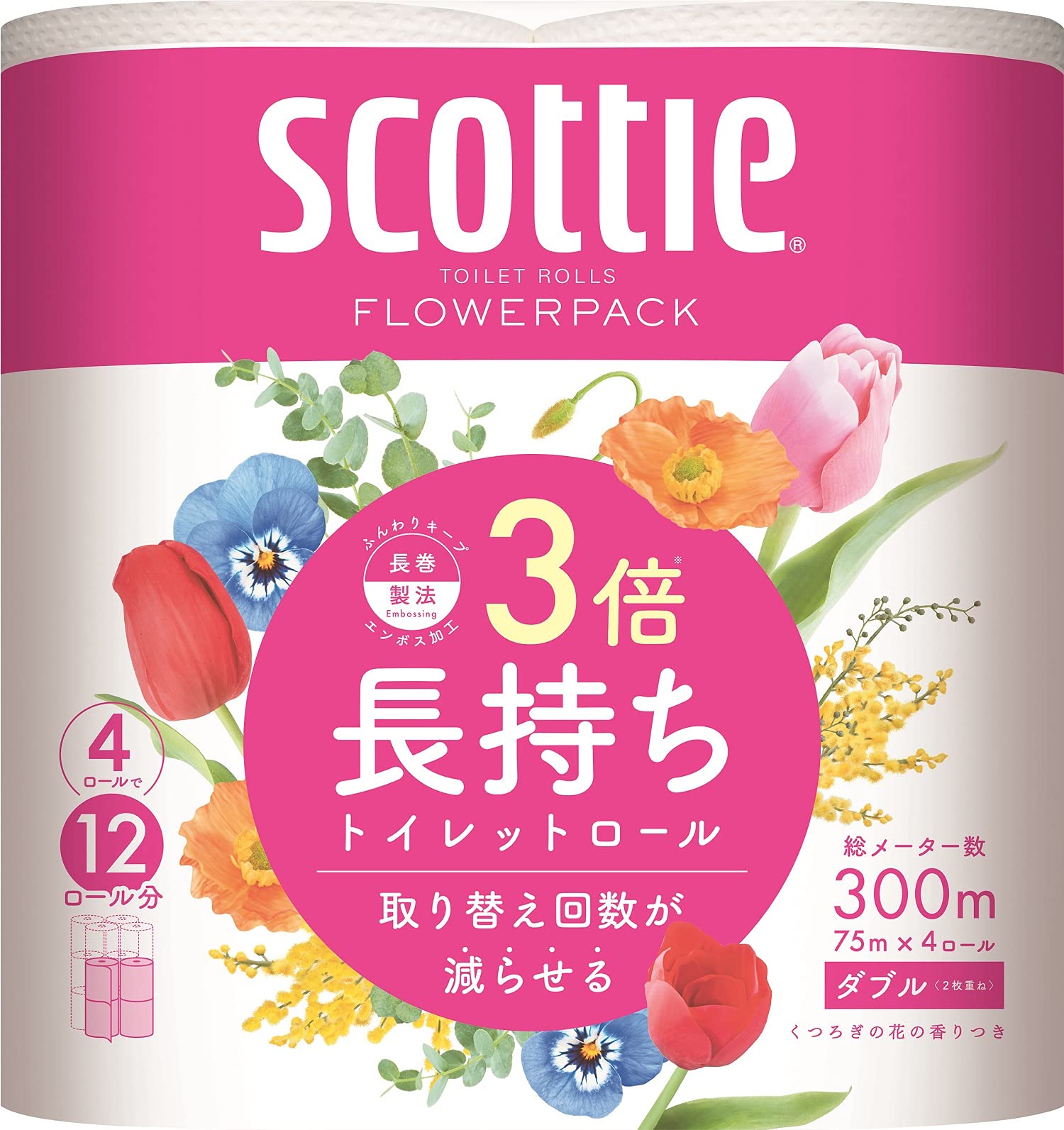 スコッティ フラワーパック 3倍長持ち トイレット4ロール 75mダブル商品画像