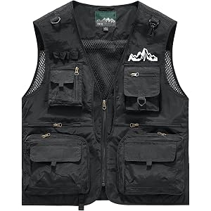 Pakvoke OBM Mountain Print Men'S Casual Lightweight Outdoor Fishing Work Safari Travel Photo Cargo Vest Jacket Multi Pockets